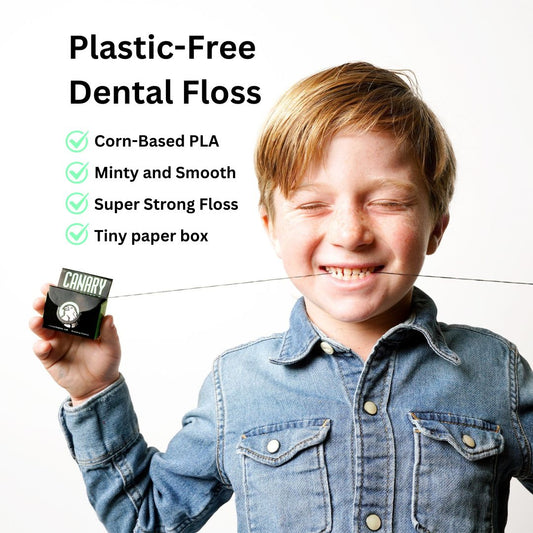 Canary plastic-free dental floss is made with corn-based PLA, has a minty taste and smooth glide, is super strong and is packaged in a tiny recyclable paper box. 