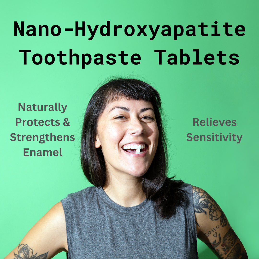 Image of Adult Women with Nano-Hydroxyapatite Toothpaste Tablet in mouth. Benefits of Nano-Hydroxyapatite in Toothpaste Tablets.