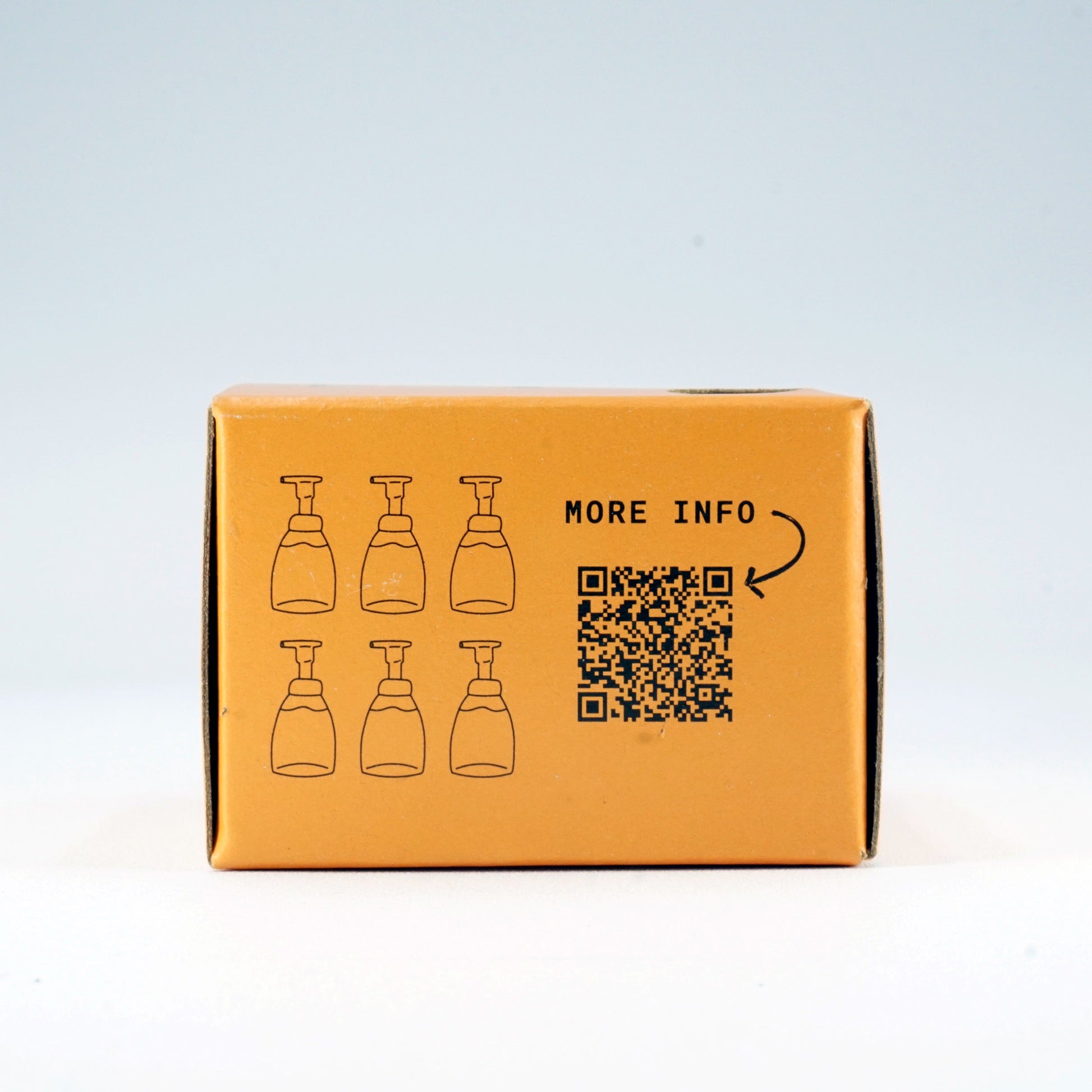 Cedar Mint Concentrated Foaming Hand Soap. Side of the box showing 6 bottles that it can fill, and QR code. 6-slice box. 